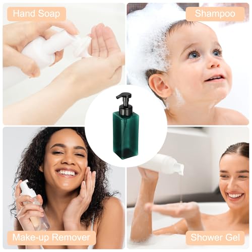 uxcell 2PCS Square Empty Foam Pump Bottle, 650ml Travel Foam Soap Dispenser Empty Refillable Plastic Pump Bottle for Lash Shampoo, Hand Soap, Facial Lotion(7.6", Clear Dark Green)