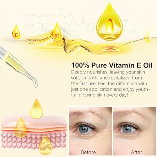 Vitamin E Oil, Pure Vitamin E Oil for Skin, Scars, Nails and Scalp, Face and Body Moisturizer, Hydrating Dry Skin, Reduce Stretch Marks, Fine Lines & Wrinkles, 2Fl Oz (Pack of 2)