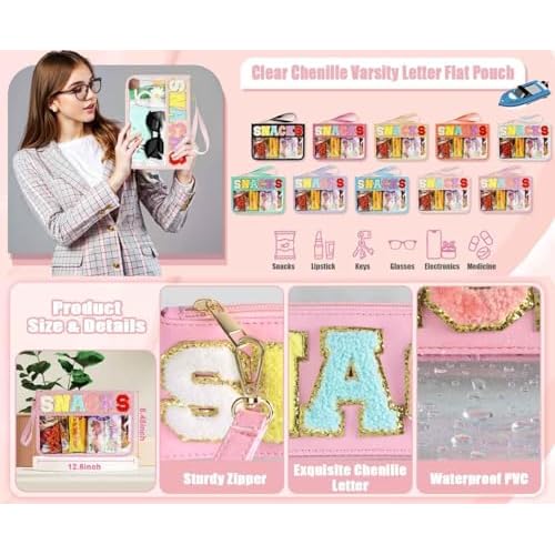 4 Piece Clear Snack Bag for Travel, Chenille Letter Zipper Pouch, Nylon Cosmetic & Makeup Bag, Waterproof Reusable Organizer for Snacks, Toiletries, School, Vacation, Glitter Patch Design