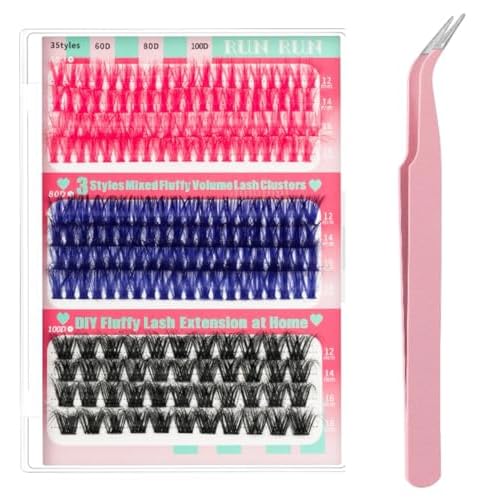 3-Color Eyelash Extension Kit, 60D/80D/100D Fluffy D-Curl Cluster Lashes - Fake Mink Volume Lashes for DIY, Includes 1 Pink Eyelash Curler