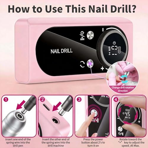 Nail Drill Machine 45000RPM, Professional Nail Drill Rechargeable, Low Noise Gel Drill Kit with 6 Drill Bits & Sanding Bands, Nail Electric File for Shaping, Polishing & Removing at Salon & Home