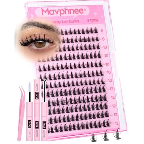 Manga Lash Clusters Kit 8-12MM Anime Cluster Eyelash Extensions Kit Natural Fairy Eyelash Clusters CC Curve 180Pcs Spiky Wispy Cluster Lashes with Lash Glue