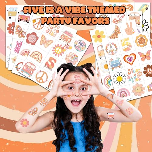 96 PCS Five Is A Vibe Pre-Cut Temporary Tattoos Themed 5th Birthday Party Decorations Favors Supplies D?cor Groovy Retro Boho Rainbow Hippie Die Cut Tattoo Stickers Gifts For Game Boys Girls School