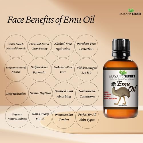 Mayan's Secret Emu Oil: A 100% pure and natural 4-ounce solution, perfect as a hair strengthener and skin moisturizer.