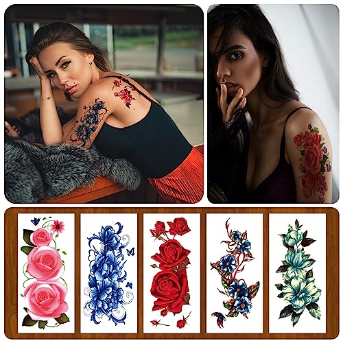 21 Sheets Sexy Flower Temporary Tattoos for Women, Waterproof 3D Bright Flora Tattoo Stickers for Girls, Rose, Peach Blossom, Chrysanthemum Various Tattoo Flower Temporary Fake Tattoos
