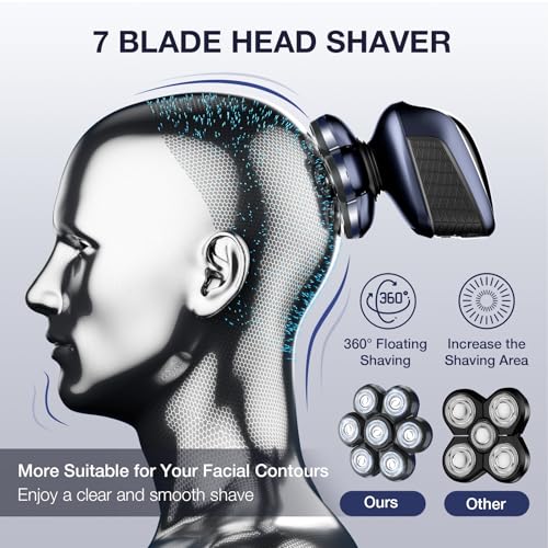 Head Shavers for Bald Men: 5-in-1 Electric Razor with 7D Floating Head & Double Blade - Waterproof Wet Dry Shaver, Travel Lock, LED Display (Deep Blue)
