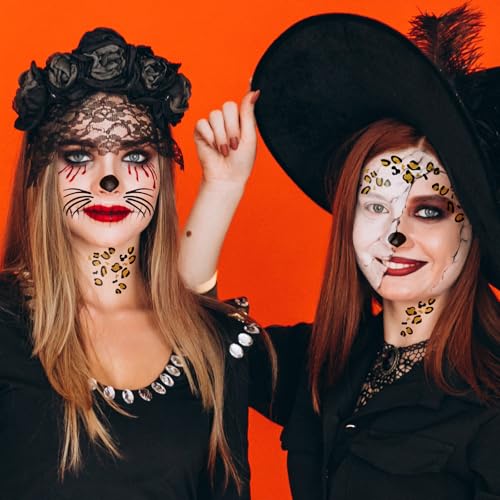 Leopard Face Temporary Tattoos, 7-Sheet Leopard Face Halloween Fake Tattoos for Kids and Adults - Perfect for Parties, Festivals, and Costumes