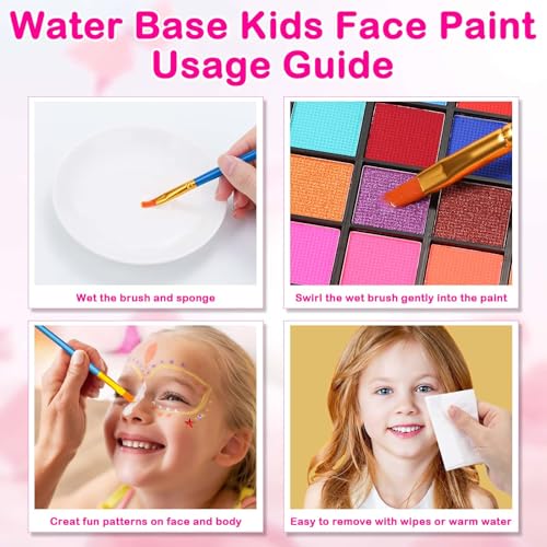 Professional Face Painting Kit for Kids and Adults ? 54 Color Water Activated Cosplay Makeup Kit, Non-Toxic Body Paint with Stencils, Gems, Brushes? for Halloween FX, Bday Parties, School Event