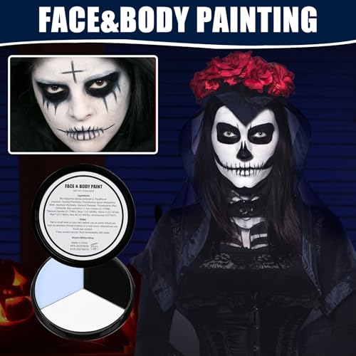 White Black Blue Halloween Face Body Paint with 3PCS Sponge and 1PC Brush, for Baseball Sports(Eye Black) & Halloween, Face Painting Kit for Skeleton Skull Clown Makeup, , Cosplay, SFX Costumes