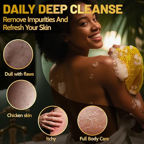 African Net Sponge Authentic,3Pack Loofah Exfoliating Body Scrubber Bath Sponge, Back Scrubber Washcloth for Shower,Gentle Exfoliator and Rich Lather for Women and Men (Black¡¢Yellow¡¢Purple)
