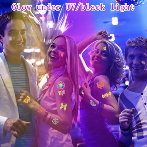 201pcs Glow In the Dark Tattoos for Party Supplies, Glow Temporary Tattoos Under Neon UV Blacklight for Kids Teens and Adult, Glow in The Dark Party Decorations, Glow Party Favors