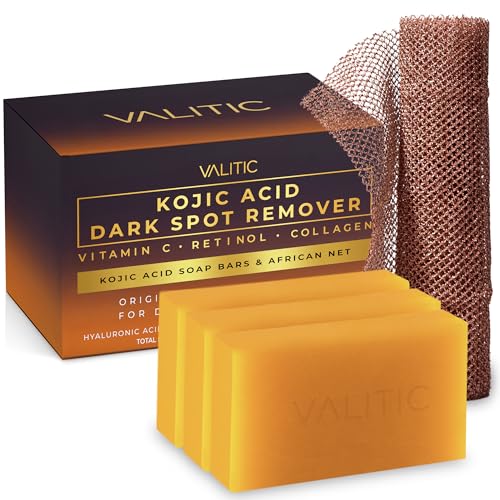 VALITIC Kojic Acid Dark Spot Remover Soap with Turmeric, Vitamin C, Retinol - Original Japanese Complex - Hyaluronic Acid, Vitamin E, Shea Butter, Castile Olive Oil - 3 Pack Bundle with African Net