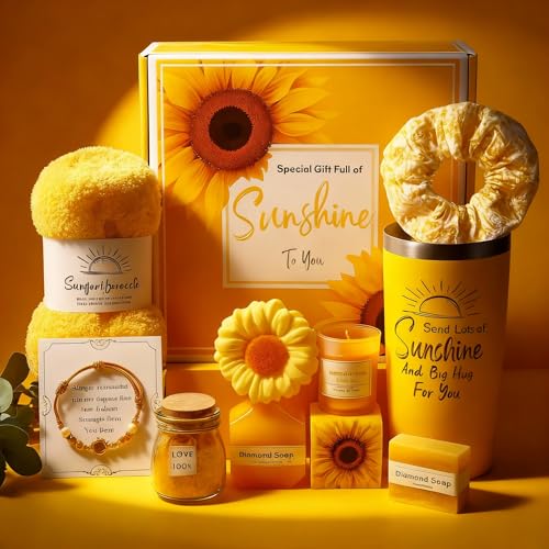 Sunshine Gift Basket for Women ? 10pcs Birthday Gifts for Women, Best Friend Cheer Up Box, Get Well Soon Care Package, Thinking of You Gifts for Mom, Sister, Friend (Sunflower - 10 PCS)