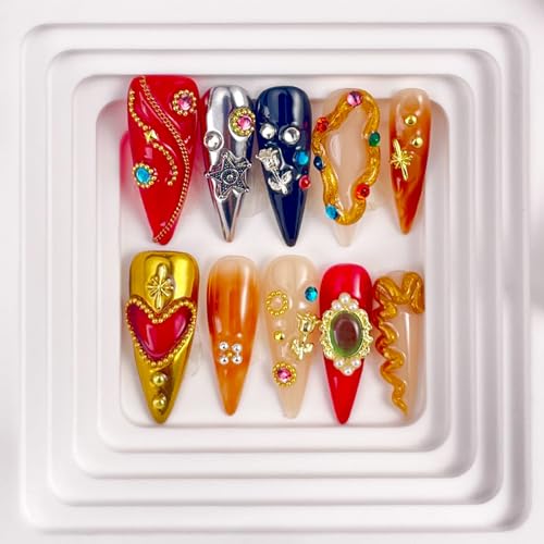 Press on Nails Retro Medium Almond 3D Fake Nails Reusable Luxury Handmade False Nails with Design GEM Charms Gold Snake,Press ons Muti-Layer Acrylic Handmade Nails for Wome Manicure(Size L)