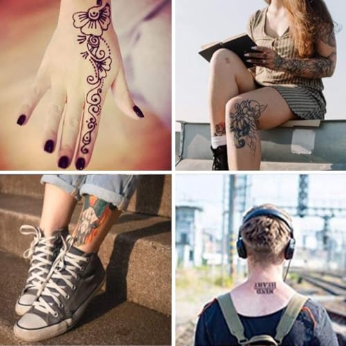 Temporary Tattoo Kit with 6 Bottles Semi Permanent Ink DIY Fake Freckles and 64 Patterns Adhensive Stencils for Women Men, Black/Red