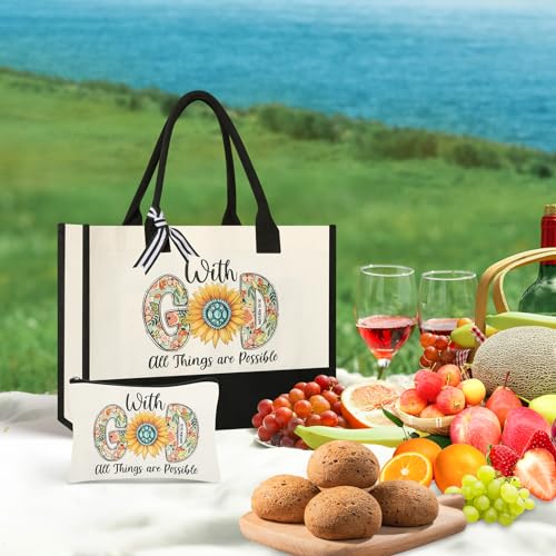 Christian Gifts for Women, Canvas Tote Bag with Makeup Bag