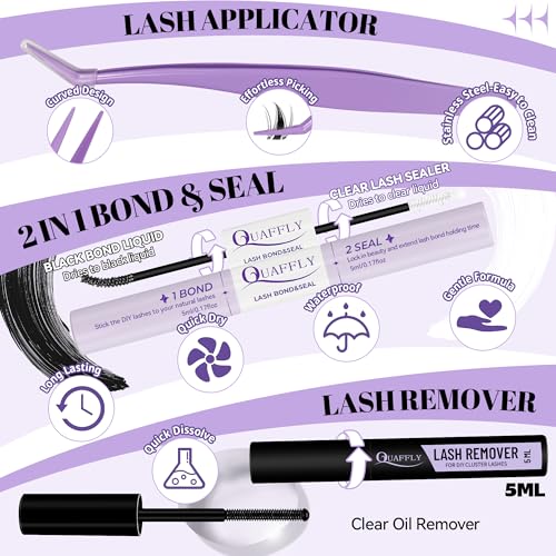 Lash Extension Kit - 10-18mm Invisible Transparent Band Lashes with Bond&Seal & Remover and Tweezers for Easy Self-Application, Natural Wispy Cluster Extensions (D-Mix10-18mm kit)