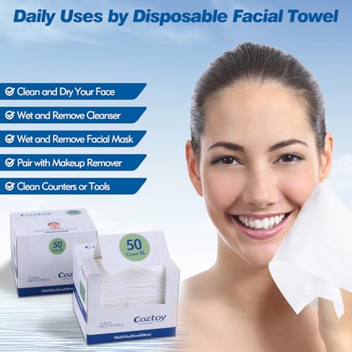 Disposable Face Towels, 10"¡¿12", Ultra Thick Facial Towelettes Disposable, Soft Single Use Face Towel, 100% Biodegradable Makeup Remover Dry Wipes, 1 Pack