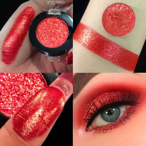 Red Glitter Eyeshadow, Highly Pigmented Shimmer Eyeshadow Red Eye Makeup, Bright Sparkly Fine Pressed Glitter Long Lasting Diamond Metallic Eye Shadow,Silky Waterproof Burgundy Goth Makeup/Highlighter
