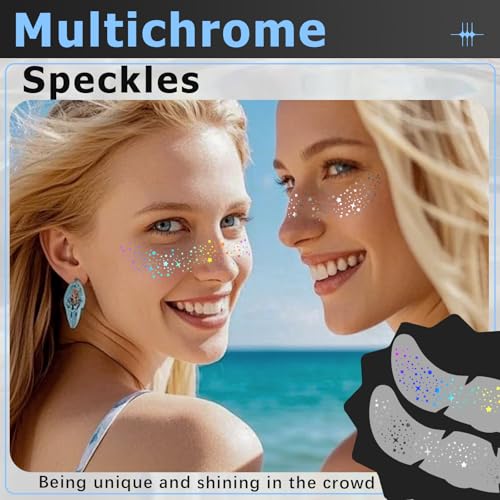 12pcs Holographic Rainbow & Silver Glitter Freckles Face Tattoo, Waterproof Sparkle Face Glitter Speckles Patches for Women, Cute Star Temporary Tattoo Fairy Makeup Accessories for Rave