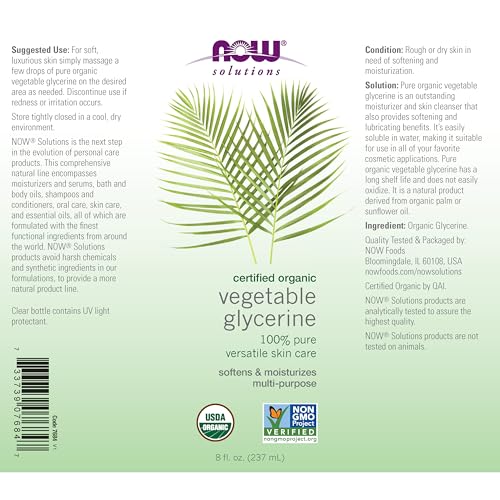 NOW Foods Solutions,Organic Vegetable Glycerin Oil,100% Pure,Softening and Moisturizing Multi-Purpose Skin Care,8-Ounce,(Pack of 2)
