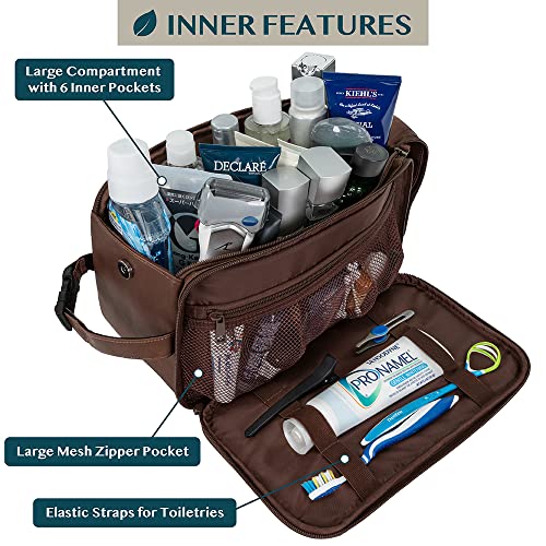 PAVILIA Toiletry Bag for Men, Travel Essentials Shaving Dopp Kit, Mens Travel Bag Toiletries Organizer Case for Grooming, PU Leather Water Resistant Cosmetic Bag Pouch (XL, Dark Brown)