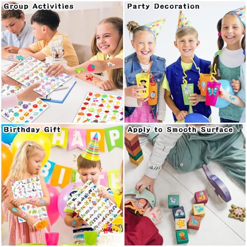 Partywind 384 Mixed Styles Temporary Tattoos for Kids, Cute Tattoo Stickers as Birthday Surprise Boys and Girls, Party Supplies Favors with Dinosaur/Mermaid/Pirate and More (8 Sheets)