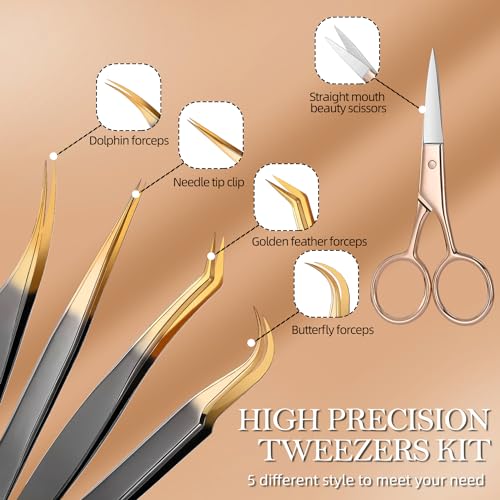 5pcs Eyelash Extension Tweezers, High Precision Lash Tweezers Scissors Set, Straight and Curved Eye Lash Tweezers for Extensions, with Storage Box