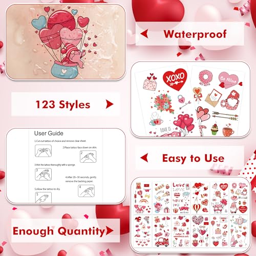 12 Sheets Valentine Tattoos, 115 PCS Heart Tattoos Temporary, Valentine Stuff, Romantic Valentines Party Favors for School Class Holiday Supplies Accessories