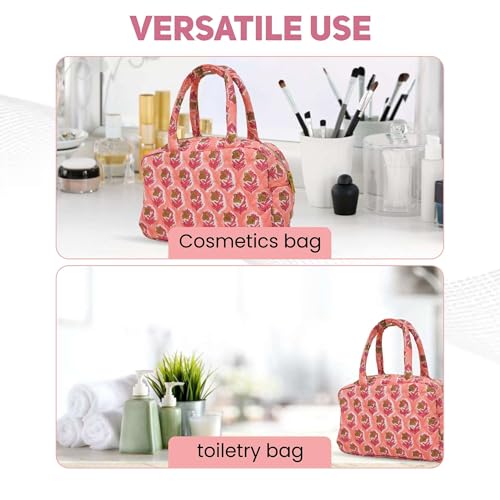 Handmade Cotton Quilted Travel Bag|Floral Hand Block Print Toiletry Bag,Cosmetic Pouch Bag |Floral Cosmetic & Toiletry Pouch for Women|Makeup Bag For Women - (light pink)
