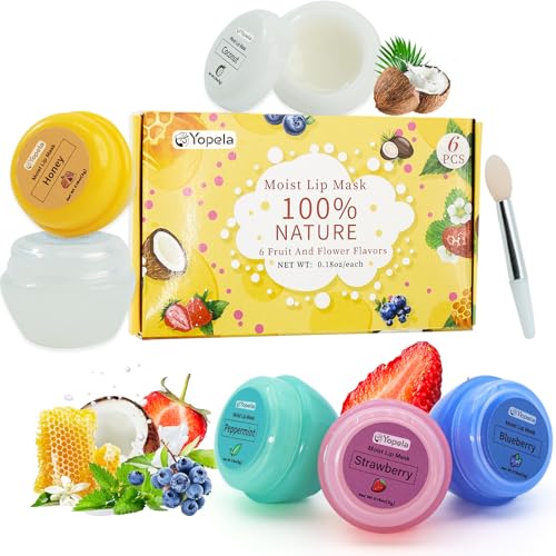 6 Pack Cute Lip Mask Sleeping Overnight for Dry Lips with Coconut Oil and Beeswax -Smoothing Hydrating Softening Plumoing Moisturizing with Small Lip Brush 6 Flavors Valentine's Gift for Women 0.18 Oz