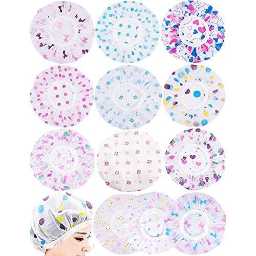 12 Pieces Reusable Waterproof Shower Caps,Durable Elastic Bathing Hair Cap,Beauty Salon Spa Shower Caps Lace Elastic Band Hair Bath Caps Shower Caps
