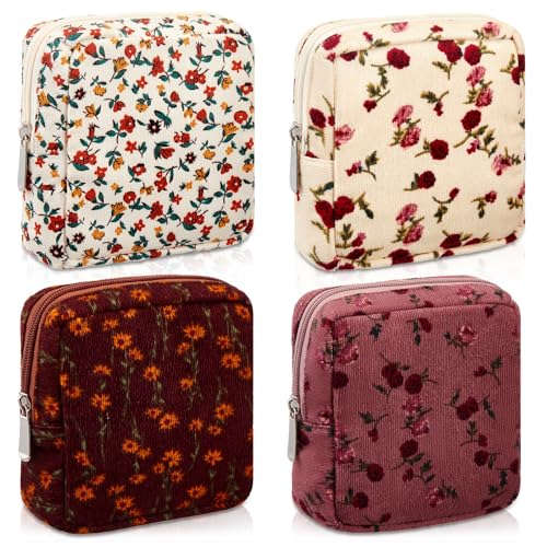 Abbylike 4 Pcs Floral Makeup Bag Cosmetic Bag with Zipper Portable Small Pouches for Purse Toiletry Mini Pouch Cute Mini Makeup Purse for Coin Essentials Items Women(Rose)