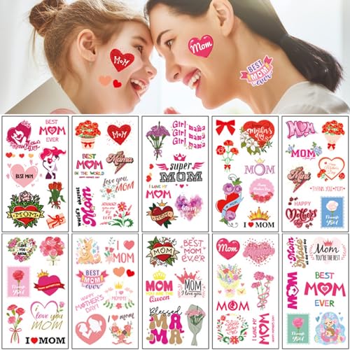 10 Sheets Mom Heart Flowers Temporary Tattoos Stickers Happy Mother's Day for Women Men Boys Girls Body Face Art Decal Decoration Supplies