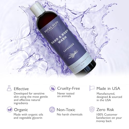 SoCal Suds & Company Organic Shea Butter Body Wash ? Lavender Liquid Castile Soap for Hand & Body, Moisturizing Plant-Based Organic Soap for Women, Men & Sensitive Skin (12oz)