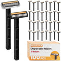 3-Blade Disposable Razors for Men & Women ? 100 Pack Bulk Stainless Steel Shavers with Lubricating Strip & Safety Cap, Non-Slip Handle for Sensitive Skin, Travel, Hotel, Charity (Black)