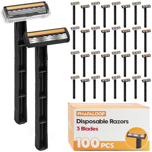 3-Blade Disposable Razors for Men & Women ? 100 Pack Bulk Stainless Steel Shavers with Lubricating Strip & Safety Cap, Non-Slip Handle for Sensitive Skin, Travel, Hotel, Charity (Black)