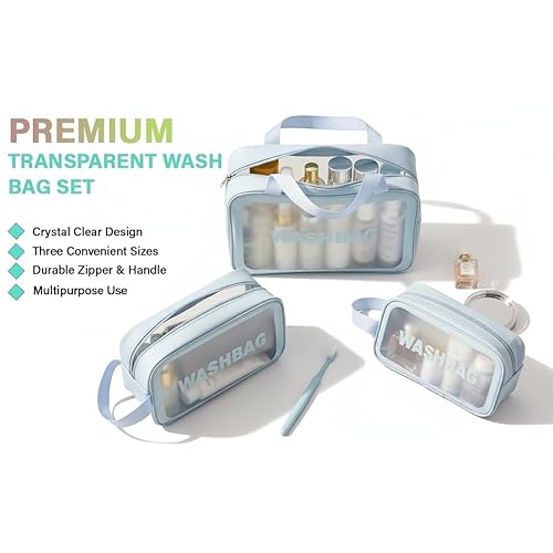 Makeup Cosmetic Bag Travel Organizer ? 3 Piece Set in Blue, PU+PVC Material ? Small, Medium, Large ? Waterproof, Durable & Stylish Toiletry Bags for Women