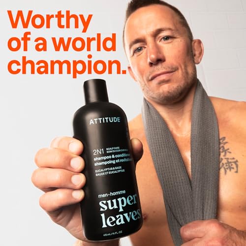 ATTITUDE Men's Shampoo and Conditioner 2-in-1, Scalp Care for Build Up & Oily Hair, Refresh With Peppermint & Willow Extract, 97% Natural Origin Ingredients, EWG Verified, Eucalyptus & Sage, 14 Fl Oz