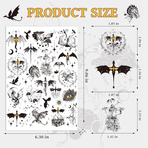 Black Wings Dragon Temporary Tattoos - 200+ Dragon Birthday Party Decorations Favors Supplies Dark Mysterious Ancient Animals Tattoo Stickers for Kids Boys Girls Dragons Goodie Bags Fillers Gifts