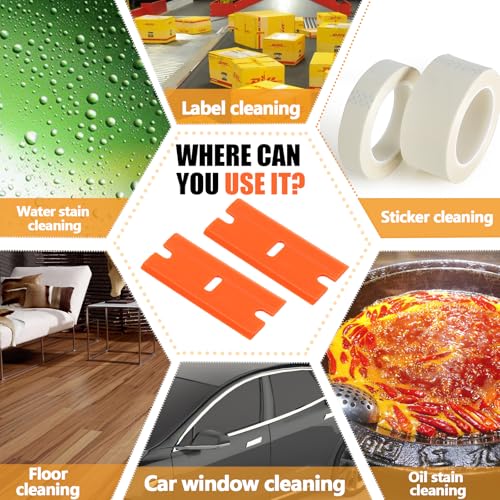 100 Pack Edged Plastic Blade, Safety Razor Blades Plastic Scraper Lightweight Replacement Blades, Easy Removal Tool for Decals Stickers Adhesive Label Glass Clean DIY, Orange