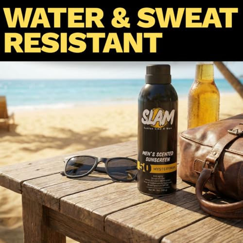 SLAM MysteryMan Men's Scented Sunscreen Spray SPF 50 ? Broad Spectrum Sun Screen Spray for Face & Body, Water Resistant & Sweat Resistant Sunscreen, UVA/UVB Protection, Sunblock for Men 2 pack