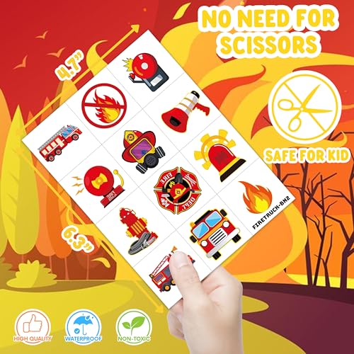 96PCS Fire Truck Pre-Cut Temporary Tattoos for Kids ? Firefighter Party Favors Supplies, Emergency Vehicle Theme Decorations, Fireman Birthday Tattoo Stickers for Boys Girls Classroom Rewards