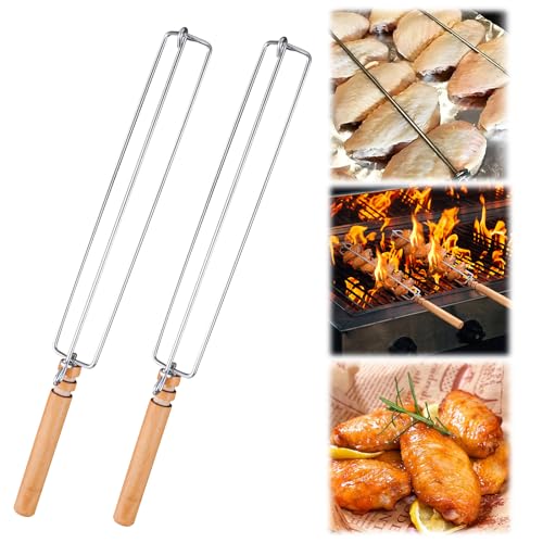 Wing Rails for Grilling Chicken Wings: Outdoor Barbecue Fork, Stainless Steel Chicken Wings Grilling Rails with Wooden Handle, BBQ Grilling Tool Set for Outdoor Picnic Camping Barbecue (2 Pcs)