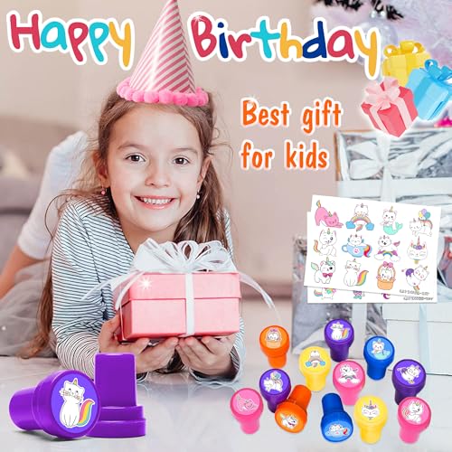 36PCS Caticorn Party Favors - 24PCS Temporary Tattoos & 12PCS Stamps - Ideal Cat Unicorn Themed Birthday Card Decorations Supplies Goodie Bag Cute Rewards for Boys Girls Classroom Gifts Baby Shower