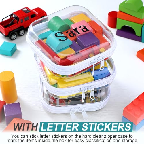 12 Pcs Clear Hard Zipper Case Plastic Zipper Pouch with 5 Sheets Alphabet Stickers Double Toy Storage Organizer Makeup Case for Travel Building Blocks Puzzles Cosmetic(5 x 5 x 2¡±)