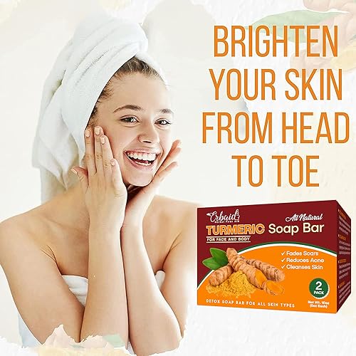 Natural Turmeric Soap Bar for Face & Body ? Turmeric Skin Brightening Soap for Dark Spots, Intimate Areas, Underarms ? Exfoliating Face Wash Reduces Acne, Scars & Cleanses Skin ? 5oz Bath Bar (2 Pack)
