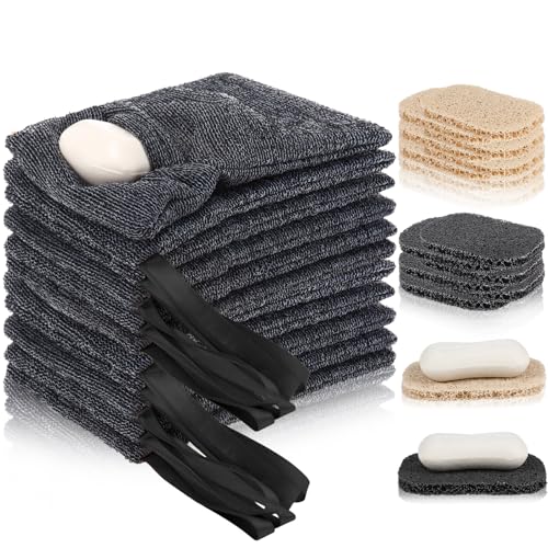24 Pack Soap Saver & Bag Set Include 12 Soap Pocket Squares Exfoliating Pouch and 12 Bar Lifting Pads Body Scrubber Rough Sponge Self Draining Holder for Bath or Shower (Gray and Beige)