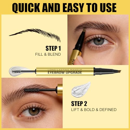 Eyebrow Pen and Brow Gel Clear - Eyebrow Pencils for Women with Natural Hair Like Strokes, Eyebrow Makeup for All-Day Defined, Waterproof, Smudge-proof, Black Brown