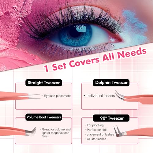 JoMay Eyelash Extension Tweezers 4Pcs Professional Kit High Precision Stainless Steel, Straight and Curved Volume Lash Tweezers Boot Volume 90 Degree, Girls Women Beginners (Pink)